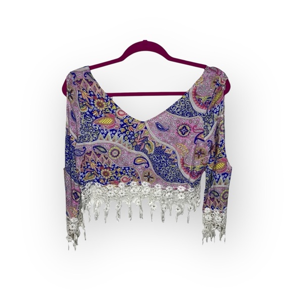 new Millau ꧁ Cold Shoulder Lace Fringe Festival Crop Top ꧁ Multicolor Print ꧂ XS - Picture 13 of 16